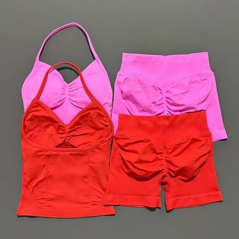 Yoga 2 pièces ensemble de gymnastique femmes dos nu haut à licou taille haute sans couture Shorts co