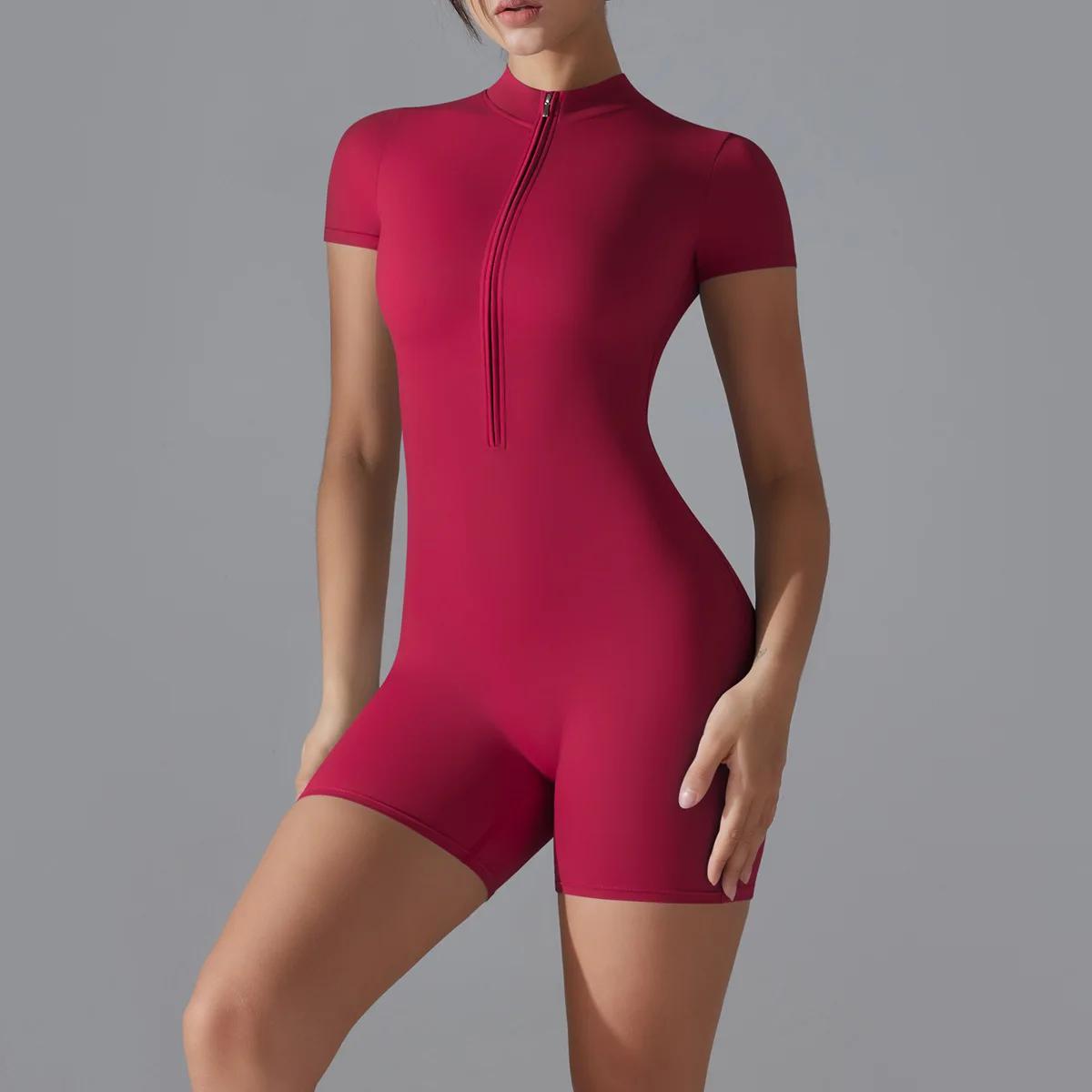 Combinaison de fitness Ningyu pour femme, combinaison de yoga une pièce couleur chair avec col monta