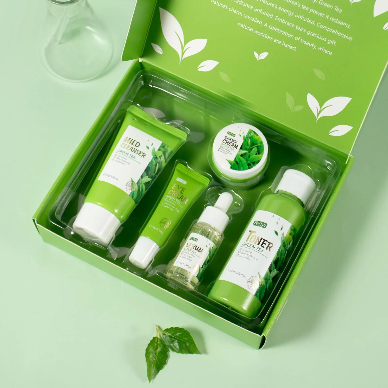 5 pièces/boîte ensemble de soins de la peau thé vert nettoyant pour le visage apaise la peau visage