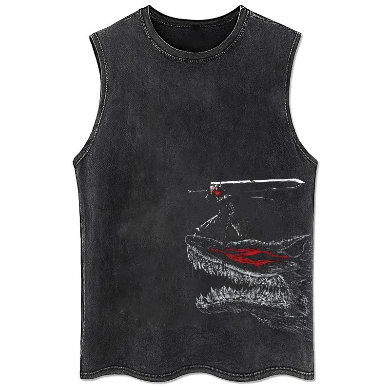Anime Printed Washed GlaRetro Sports Fitness, Short-Sleeved Casual, Anime Transported At, Grande tai
