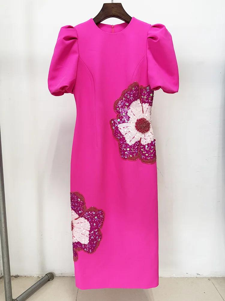 HIGH STREET Nouveauté 2026 Robe midi à manches courtes pour femme, de créateur, ornée de perles et d