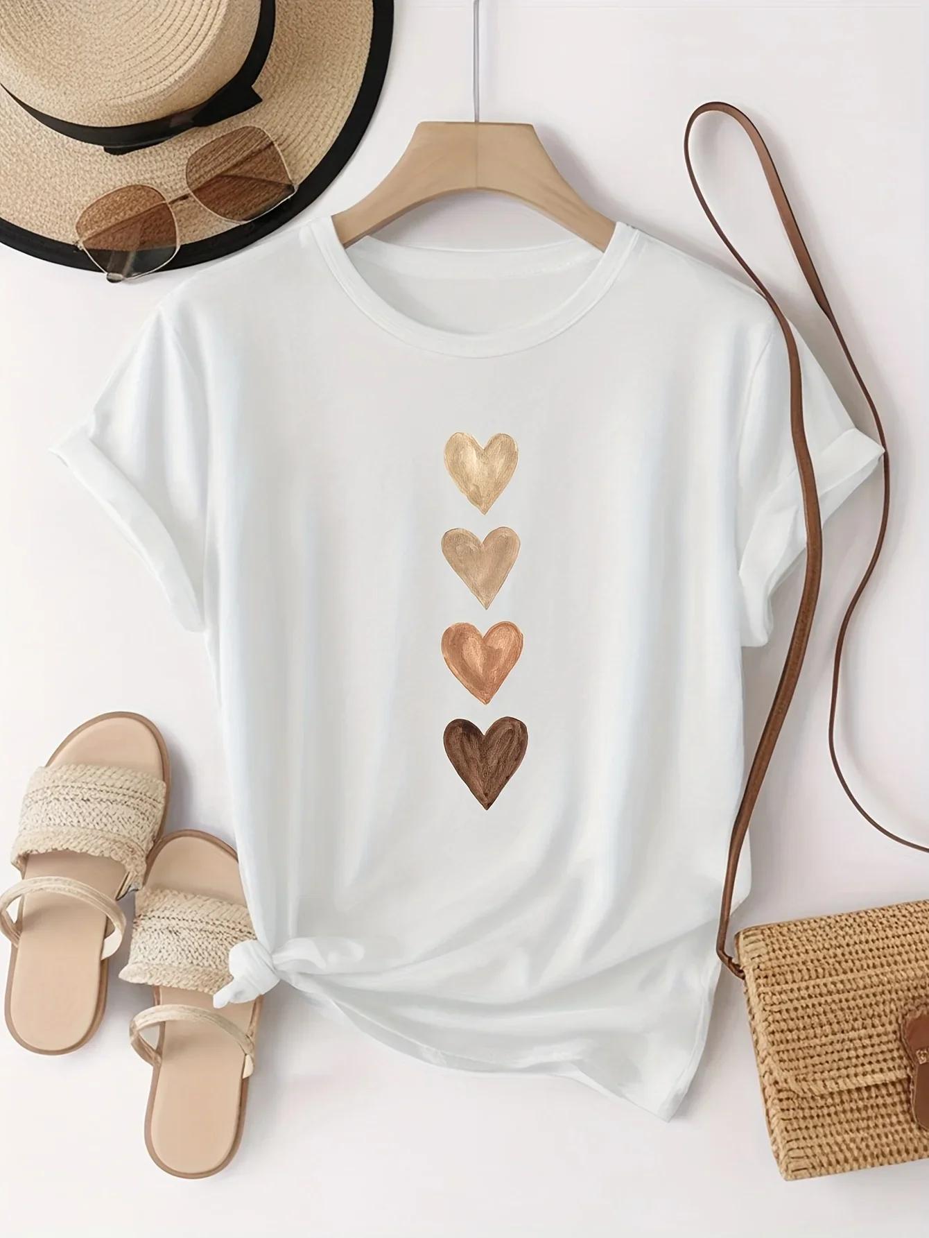 T-shirt décontracté à manches courtes pour femmes avec imprimé graphique de quatre coeurs – T-shirt 