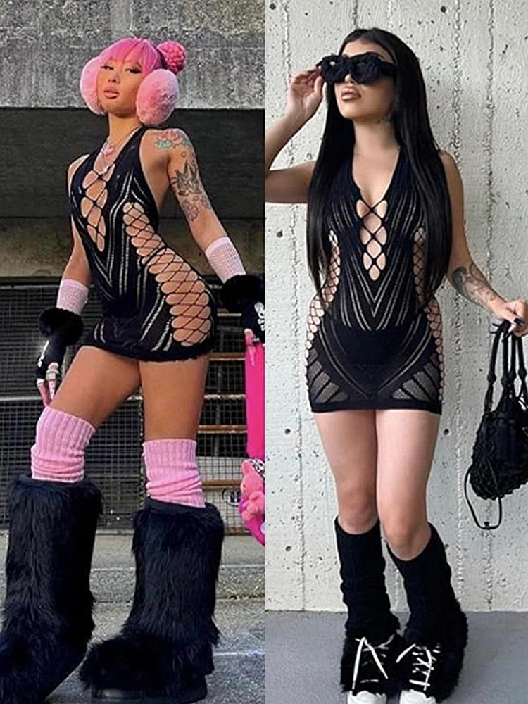 Robe courte dos nu en dentelle transparente pour femmes, chemise de nuit dos nu creux, pyjama sexy, 