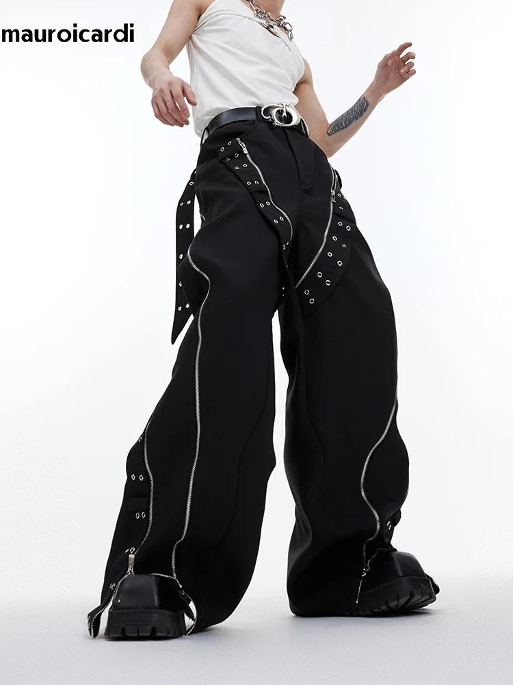 Mauroicardi-Pantalon Baggy à Jambes Larges pour Homme, Streetwear Cool, Long, Noir, Flowy, Vêtements