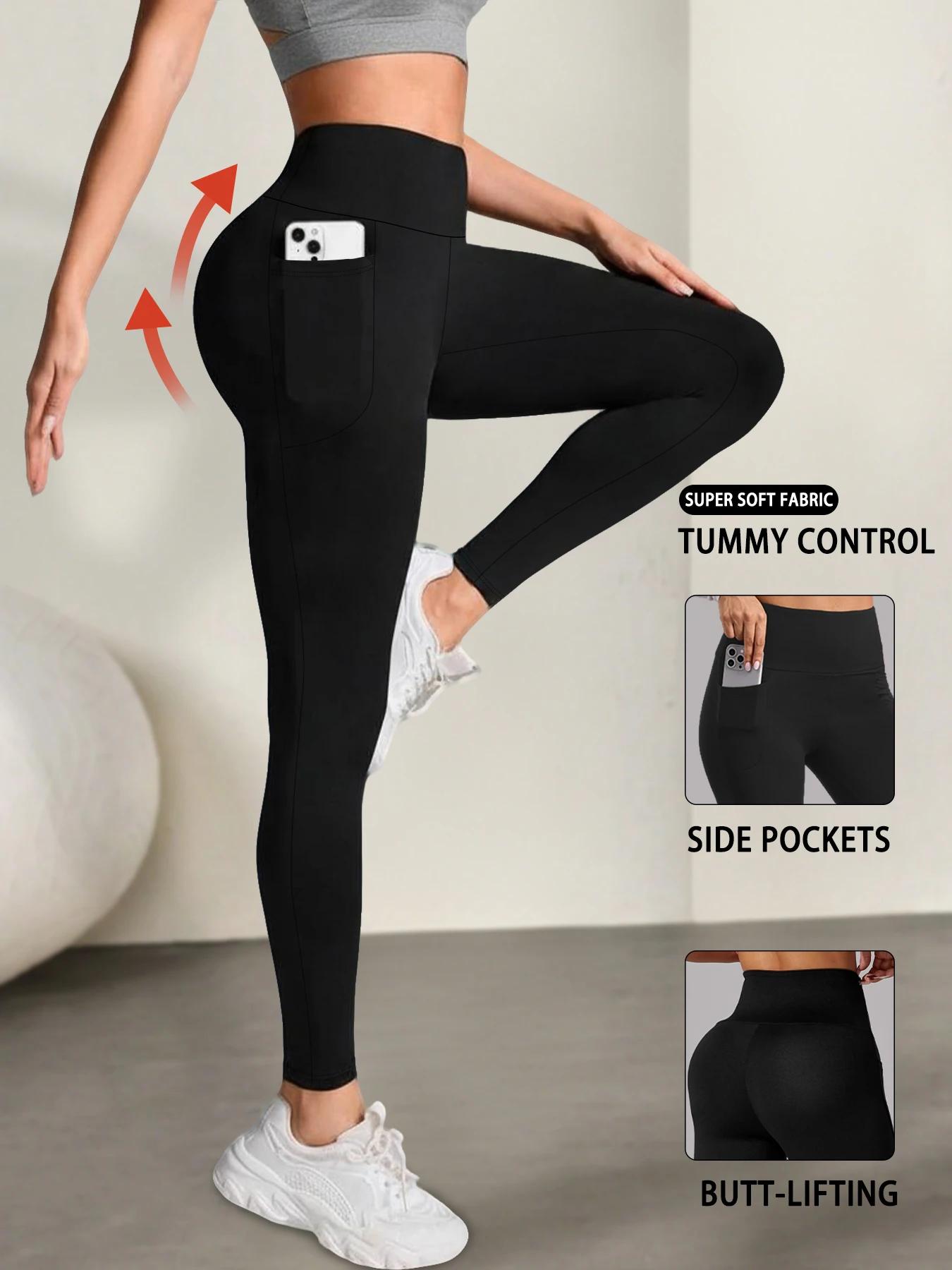 Leggings super doux avec poches pour femmes, contrôle du ventre taille haute pour l'entraînement de 