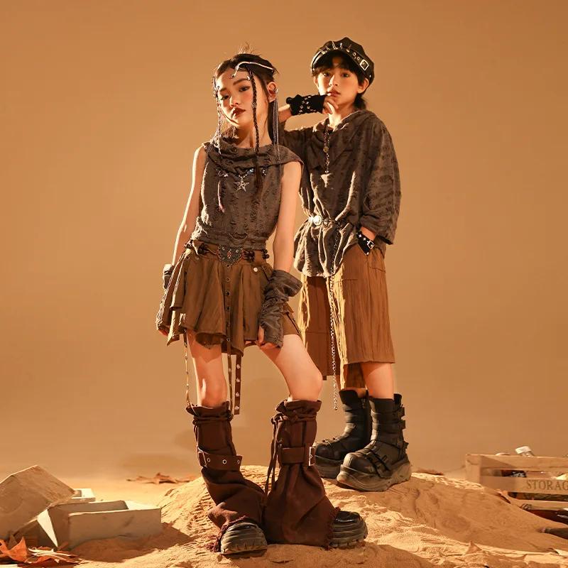 Ensemble t-shirt et jupe déchirés gothiques pour enfants, Streetwear pour adolescents, Wasteland Pun