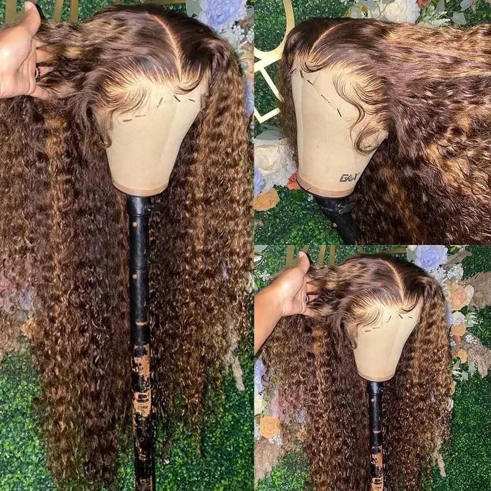 Perruque Lace Front Wig naturelle ondulée, cheveux humains, Deep Curly, brun miel, 13x4, à reflets, 