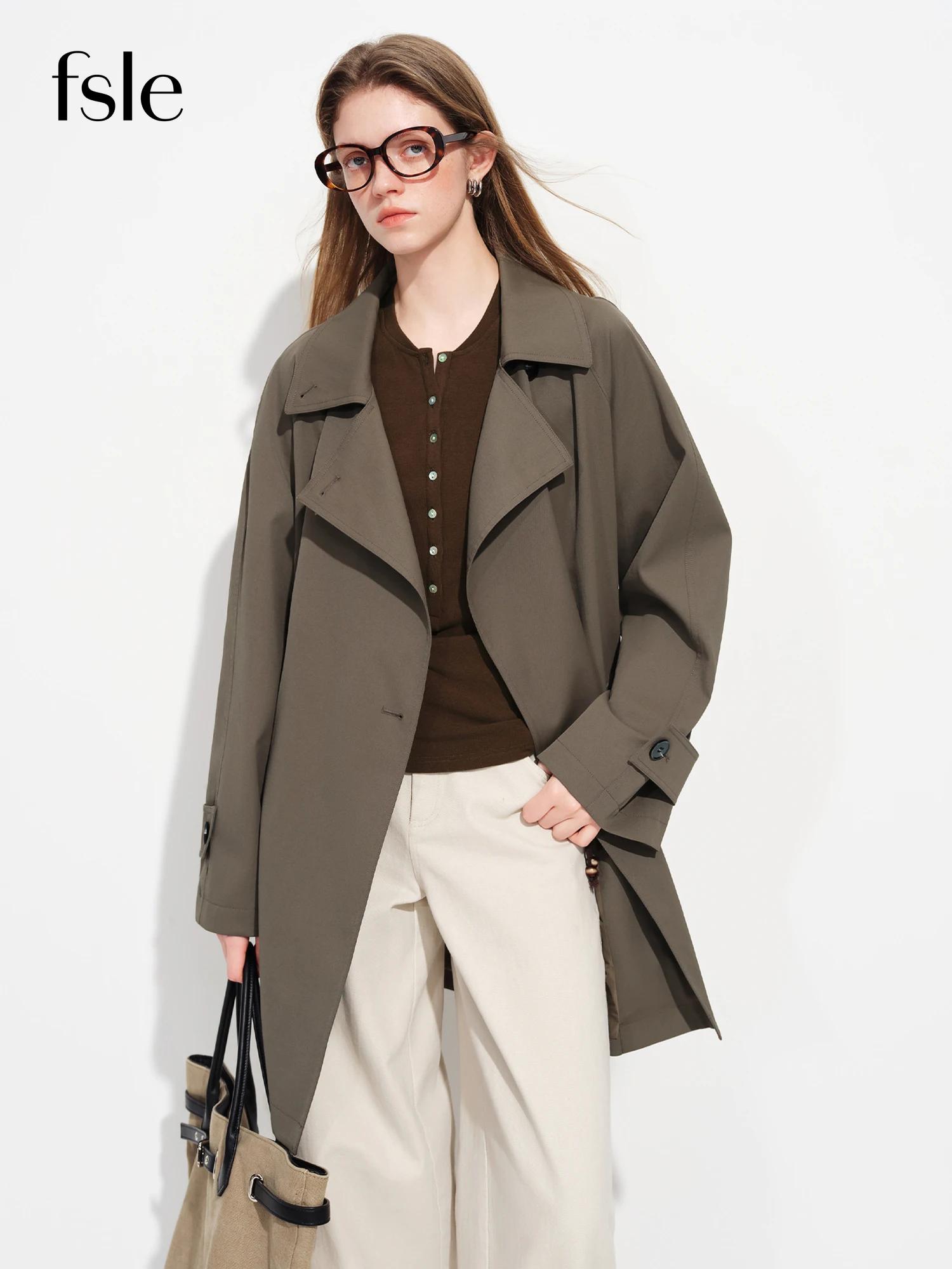 Manteau Trench Mi-Long Décontracté Kaki pour Femme FSLE Printemps 2026 - Style Britannique Double Bo