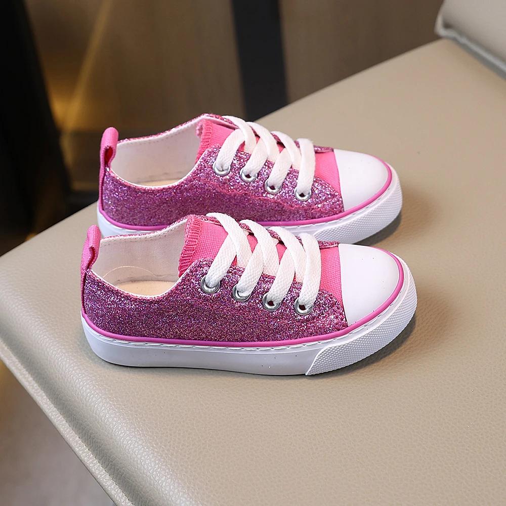COMFY KIDS – chaussures basses en toile pour filles, Style princesse à paillettes roses, tissu respi