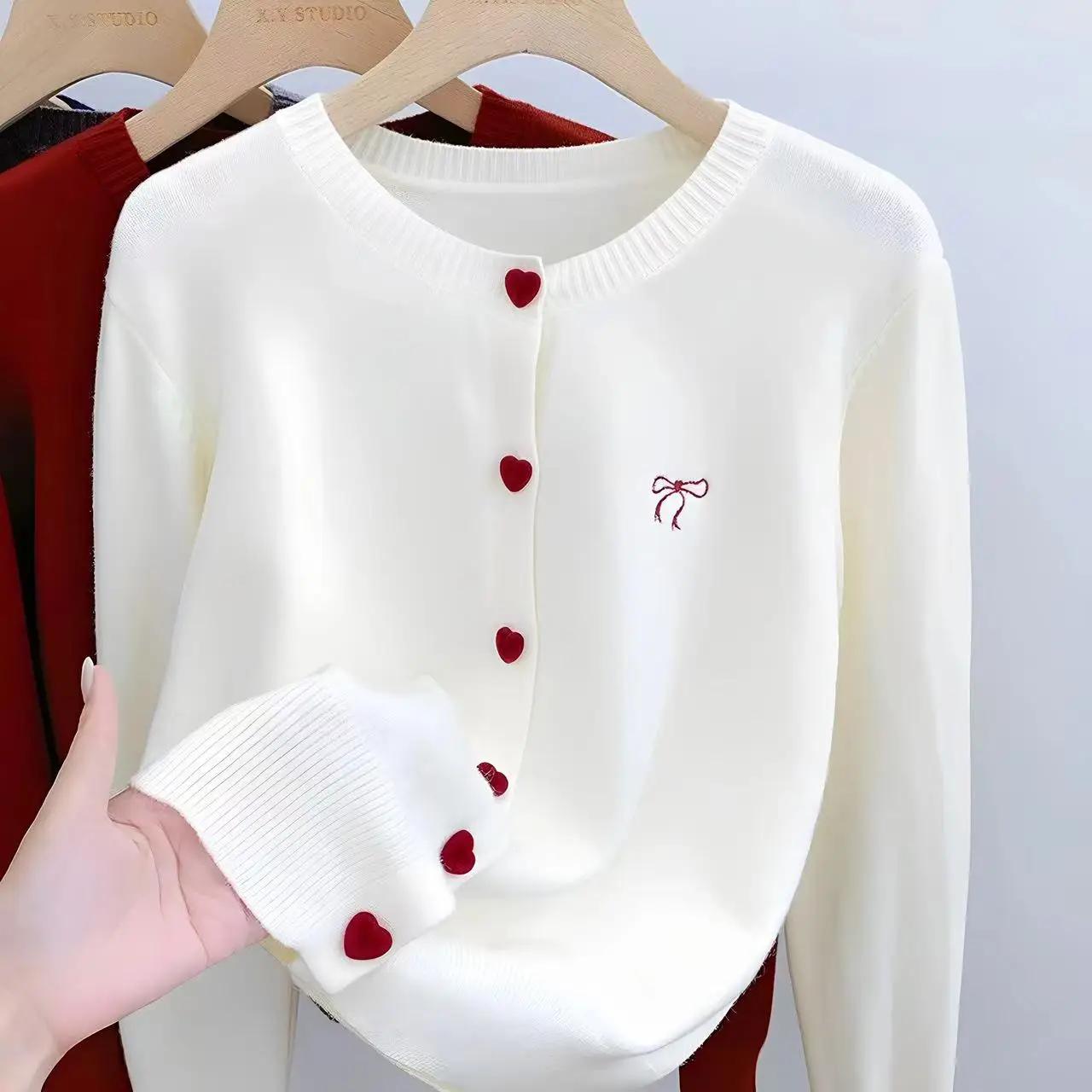 Cardigan en tricot pour femme 2026, broderie nœud, col rond, boutonnage simple, boutons en forme de 