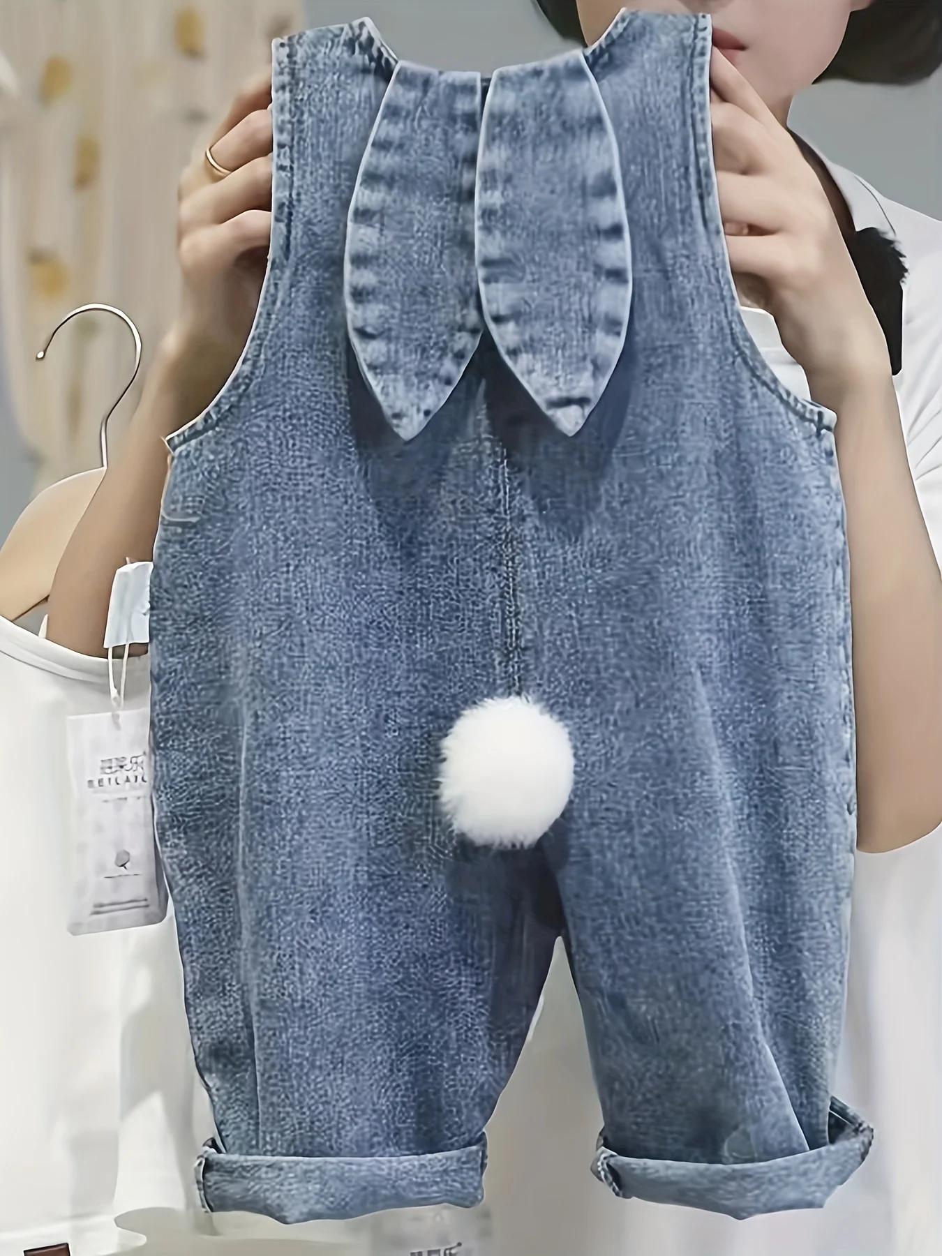 Pantalons cargo en denim pour enfants mignons avec détail d'oreille de lapin – Polyester élégant et 