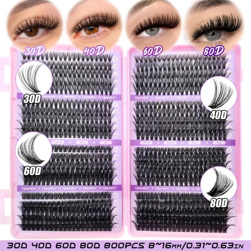 QUEENICE 800 pièces de faux cils en grappe de longueur mixte |   Léger, doux, facile à appliquer, De