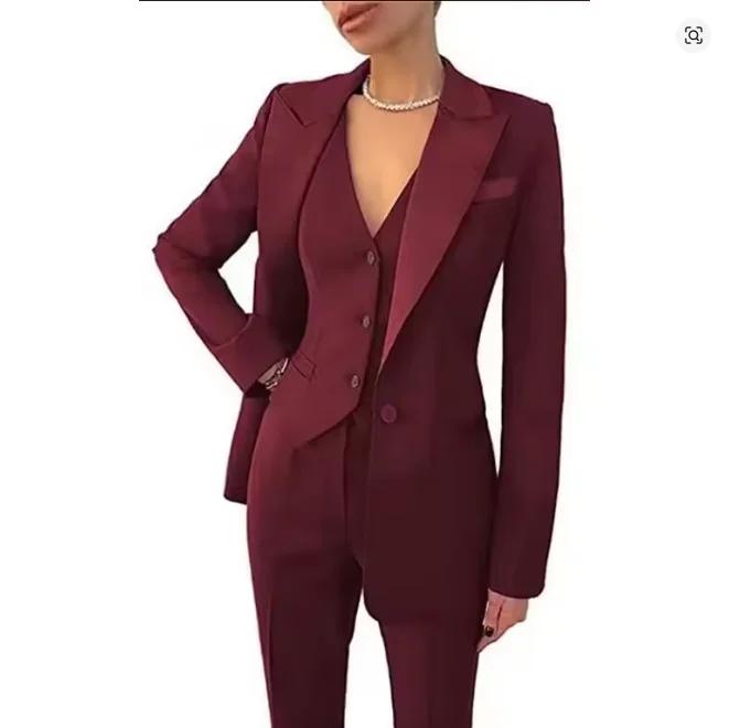 Costume de bureau décontracté Fuchsia pour femmes, ensemble 3 pièces Blazer + gilet + pantalon, smok