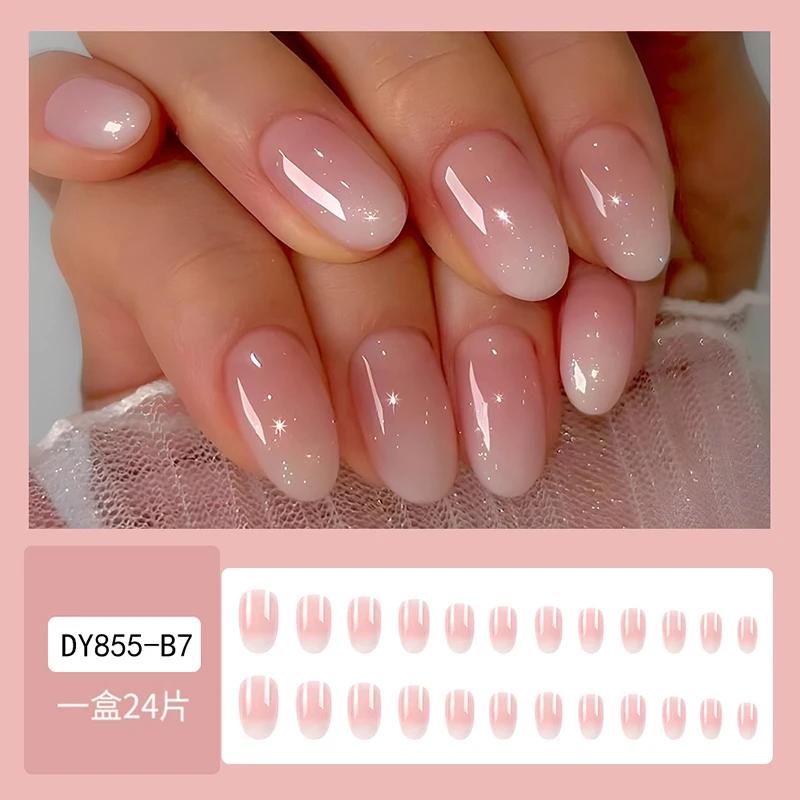 Faux ongles courts ovales dégradés rose pour femmes et filles, finition brillante, couverture complè