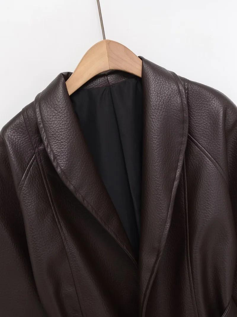 Veste Courte Ceinturée en Similicuir PU Vintage pour Femme ETJ, Col Montant, Collection Printemps 20