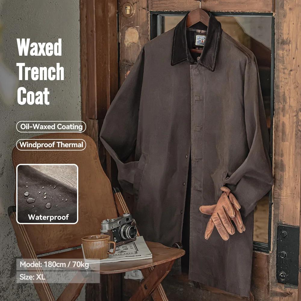 Maden Manteau vintage pour homme avec traitement ciré Manteau mi-long avec col en velours Protection