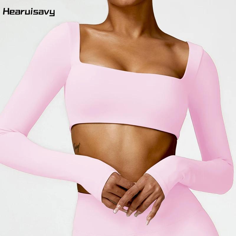 Haut de sport décontracté été Hearuisavy femme - Séchage rapide col carré manches longues pour yoga et fitness