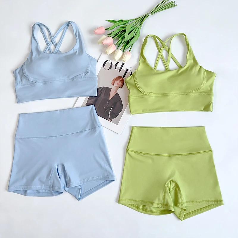 Ensemble de Yoga 2 pièces, sensation nue, vêtements d'entraînement pour femmes, Shorts de Yoga taill