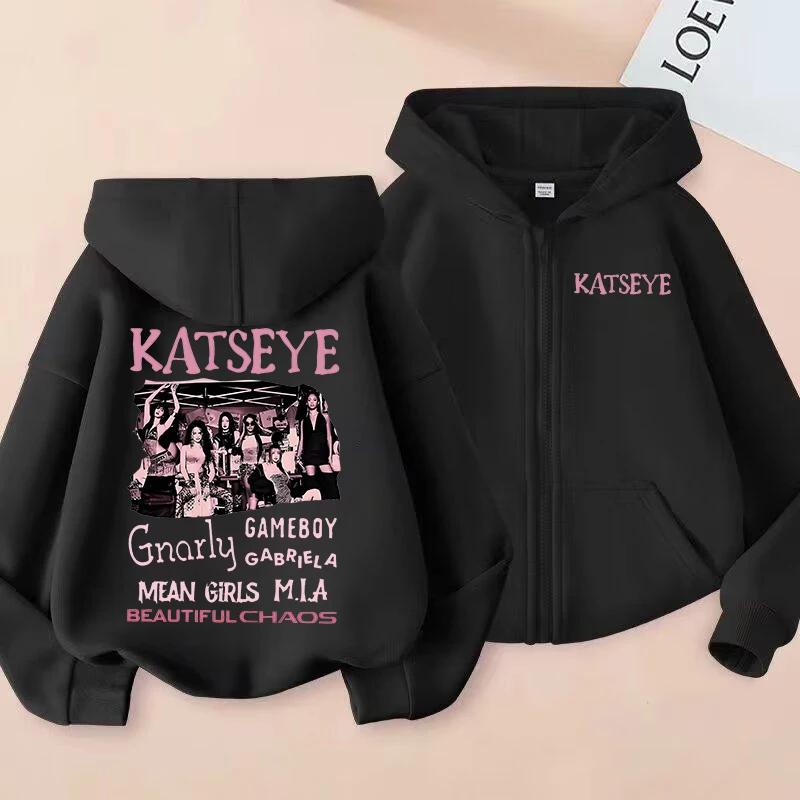Vêtements pour petites filles, sweat-shirt à capuche avec fermeture éclair Katseye, sweat-shirt déco