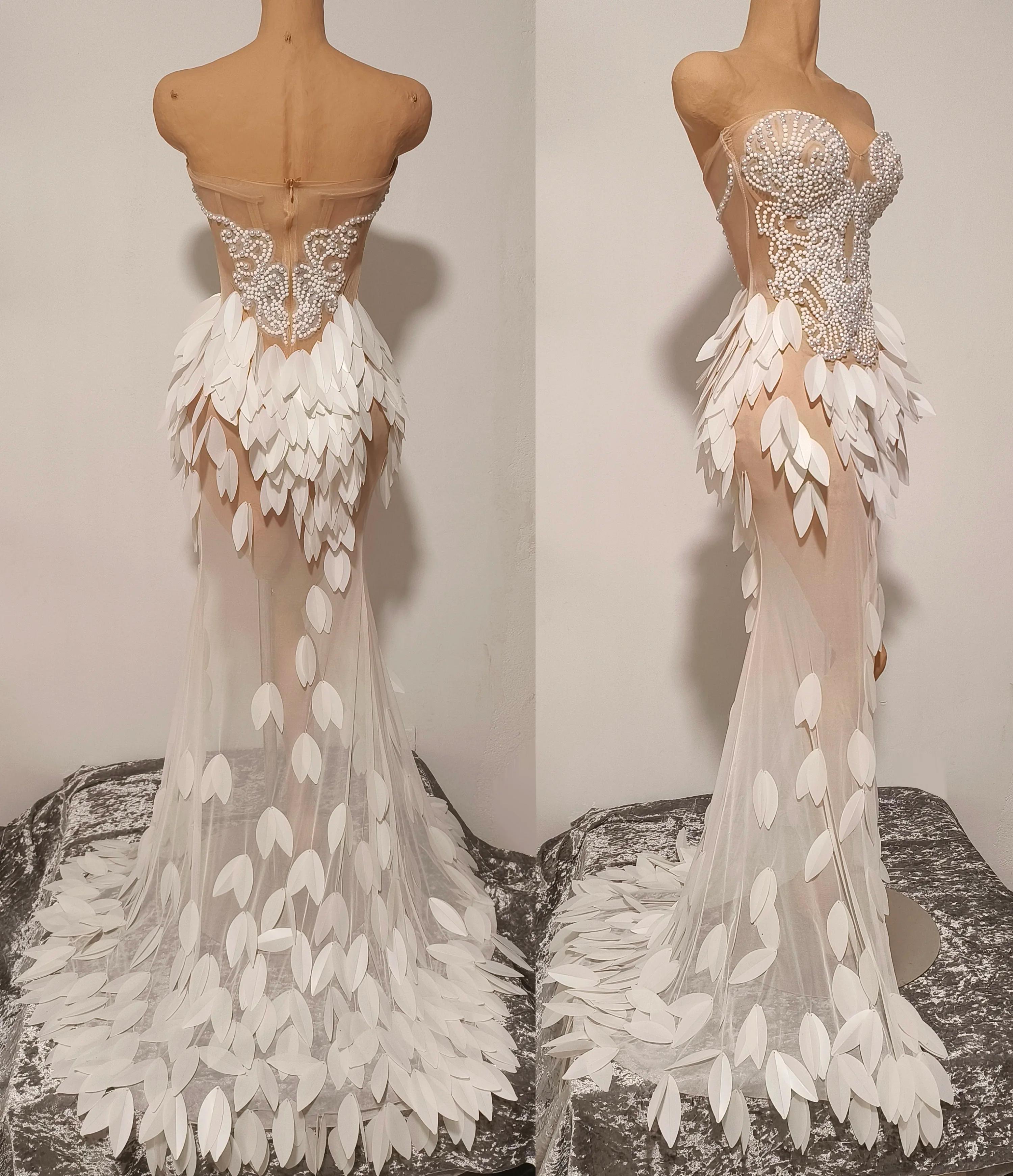 Robe Maxi transparente en maille sans bretelles, élégante, perles brillantes, pour femmes, fête d'an
