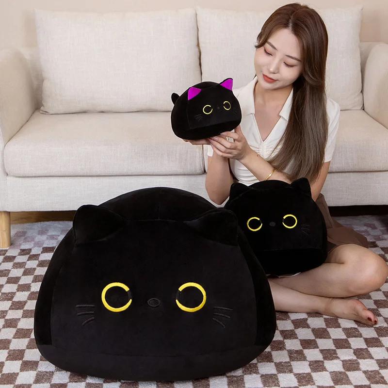 Oreiller rond en peluche de chat noir de grande taille 9-70cm, Kawaii, jouets de couchage, poupées d