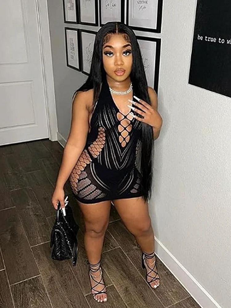 Robe courte dos nu en dentelle transparente pour femmes, chemise de nuit dos nu creux, pyjama sexy, 