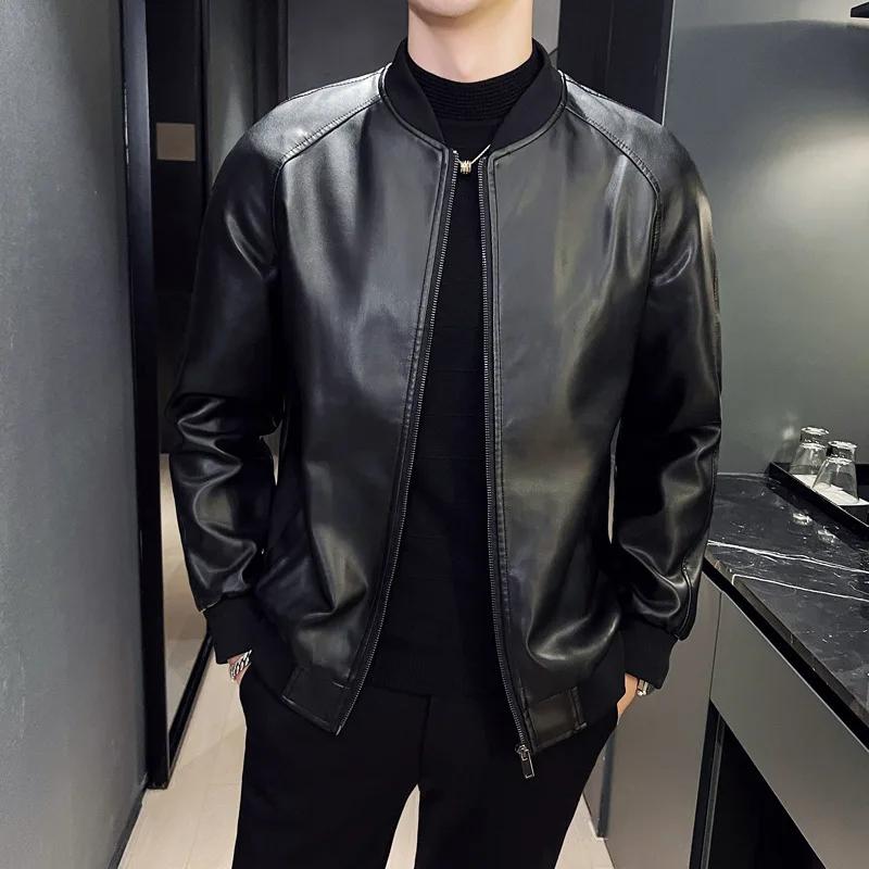 Nouvelle veste en similicuir pour homme, style motard, col montant, fermeture éclair, coupe ajustée,