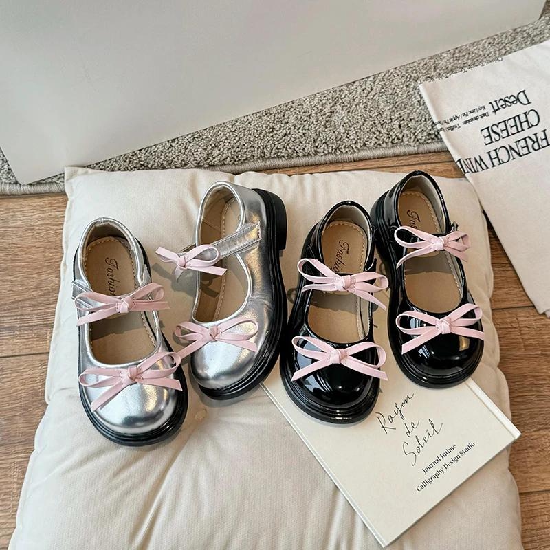 Printemps Fille Mary Janes Argent Noir Bowvétérans t Élégant Enfants Chaussures En Cuir Chunky Rond 