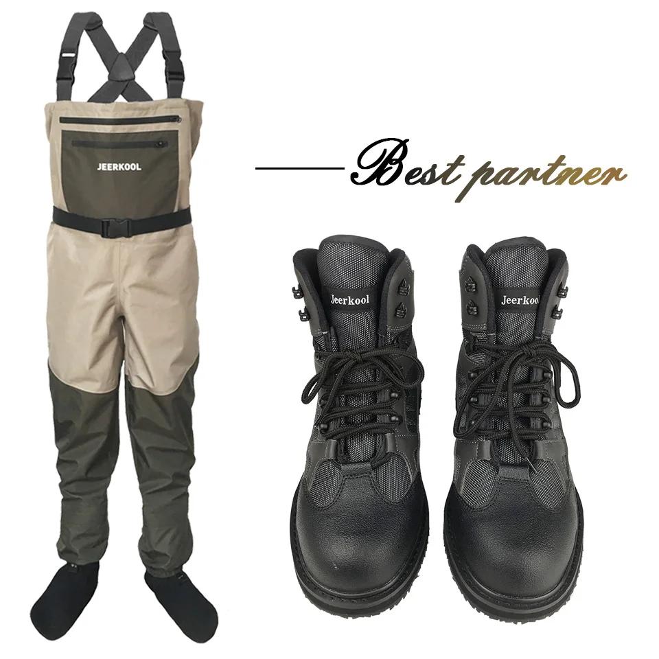 JEERKOOL Chaussures de pêche avec pantalon, Waders de pêche, Baskets aquatiques à semelle en caoutch