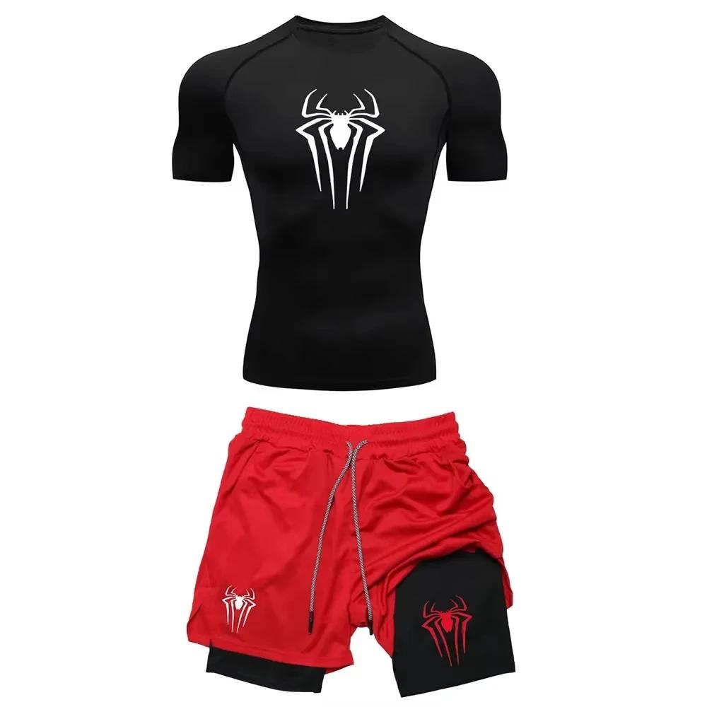 Ensemble de Compression d'entraînement pour hommes, t-shirt de gymnastique imprimé araignée Y2K, sho