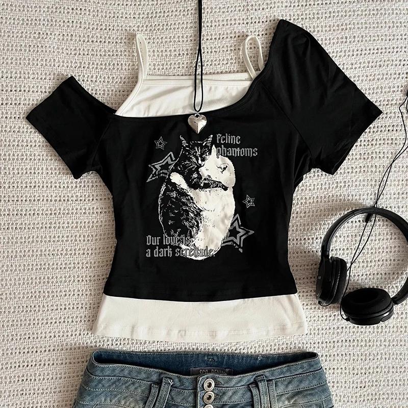 Asthetische Goth Fledermaus Brief Y2K Stil zweitelige T-Shirt Kurzarm Weste Harajuku Streetwear Hose