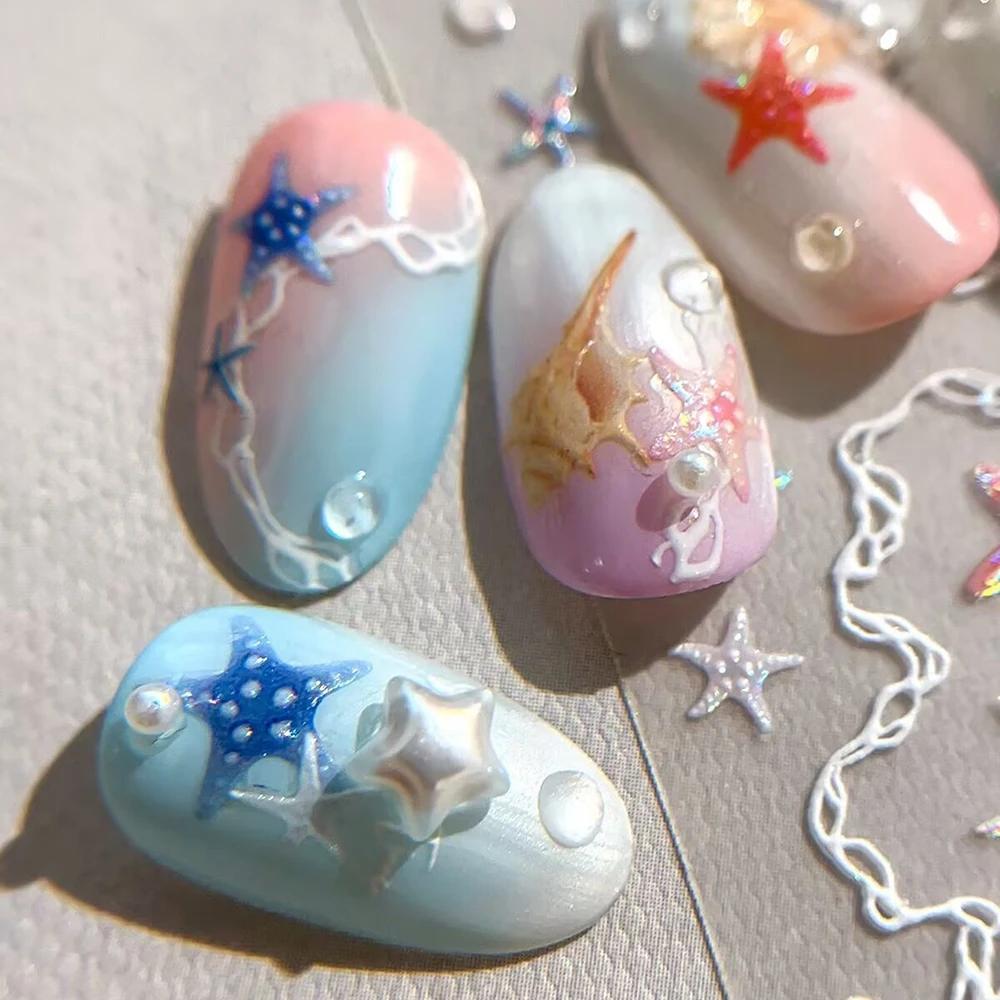 Autocollants pour ongles thème mer d'été, coquilles brillantes, étoile de mer, sirène, conque, plage
