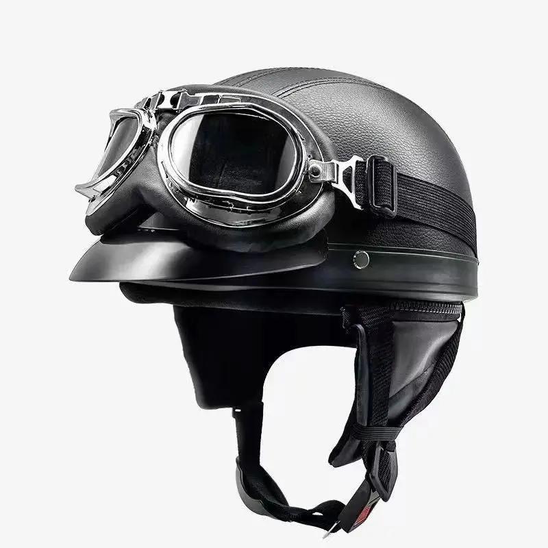 Casque de moto semi-ouvert rétro casque de moto et visière lunettes UV moto cross-country moto demi-