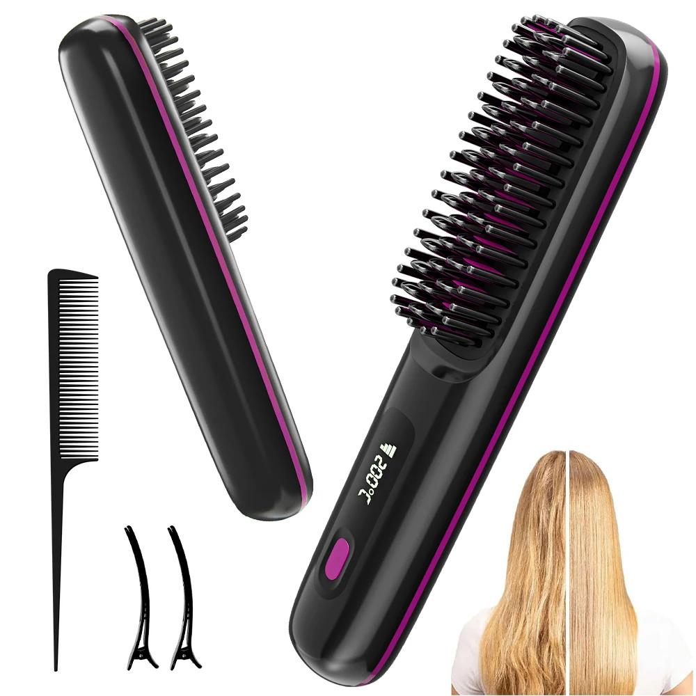 Brosse à lisser les cheveux Rechargeable, peigne ionique à lisser les cheveux, 3 réglages et afficha