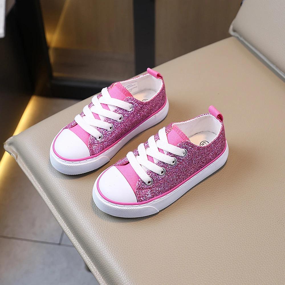 COMFY KIDS – chaussures basses en toile pour filles, Style princesse à paillettes roses, tissu respi