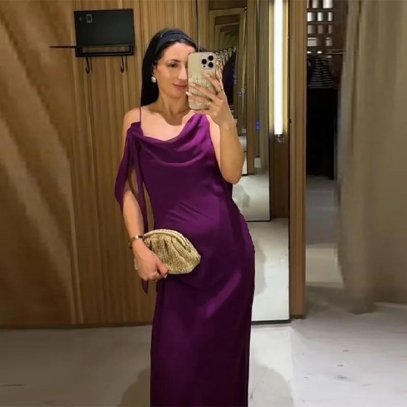Robe longue en mousseline violette pour femme, collection été 2026, avec bretelles spaghetti, col dr