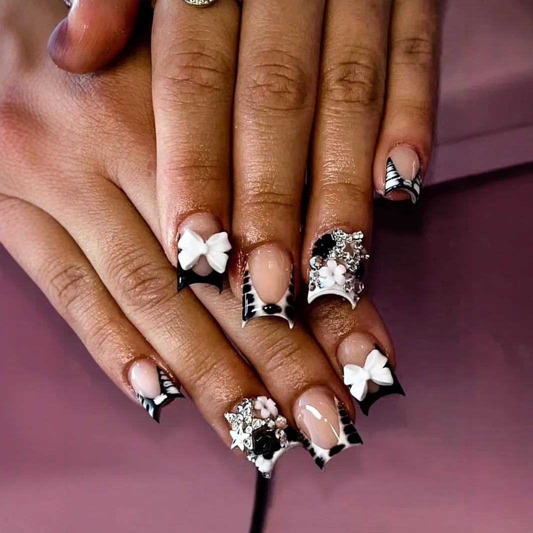 24 pièces nu rose doux faux ongles court bec de canard imprimé léopard français faux ongles avec nœu