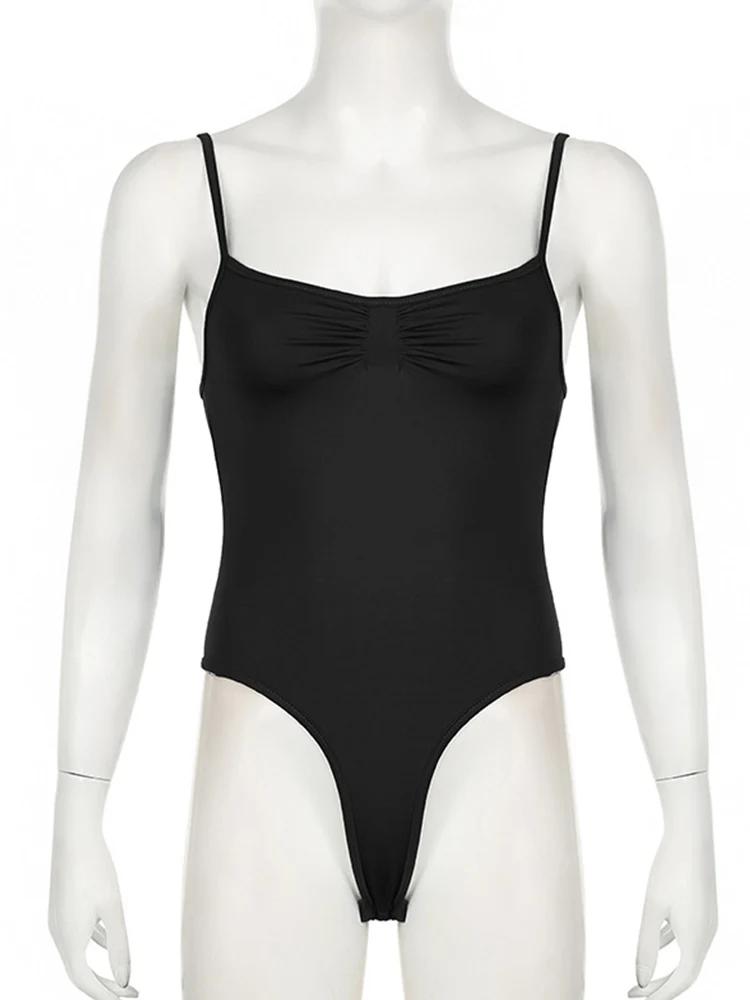 Sweetown – body froncé sans manches pour femmes, noir, bretelles Spaghetti, solide, Simple, basique,