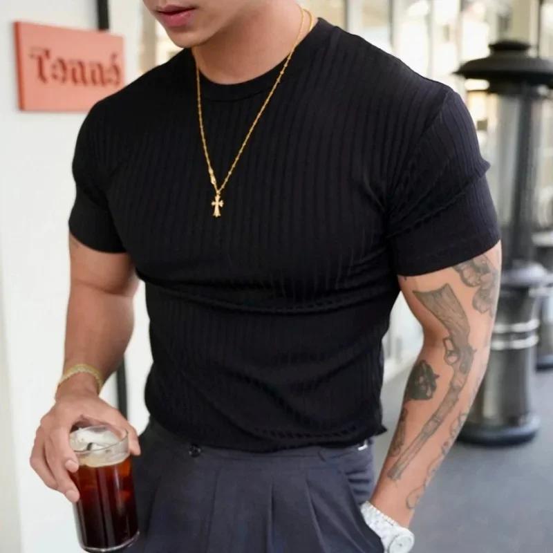 T-shirt homme fitness été col rond rayures verticales - Nouvelle mode 2025 sport loisirs