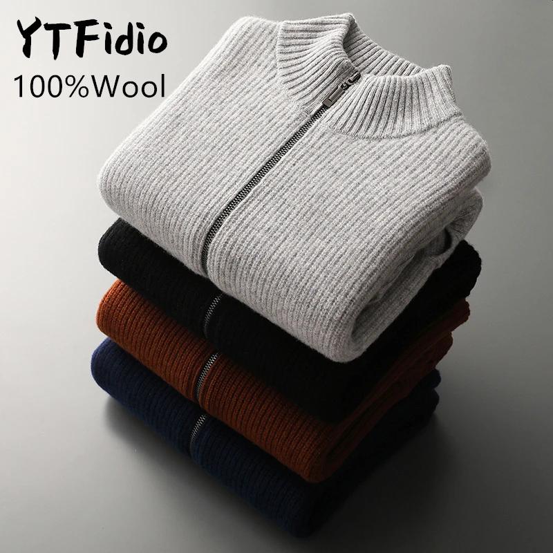 YTFidio-Pull à col mi-haut pour homme, 100% laine, pull à fermeture éclair avec poche, cardigan épai