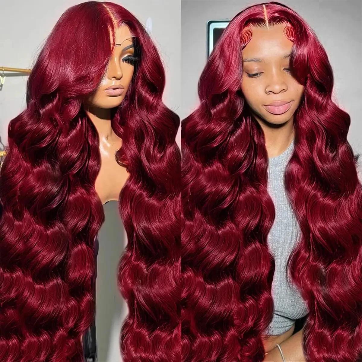 Perruque Lace Front Wig Body Wave Brésilienne Naturelle, Cheveux Humains, Rouge Bordeaux 99J, 13x4, 