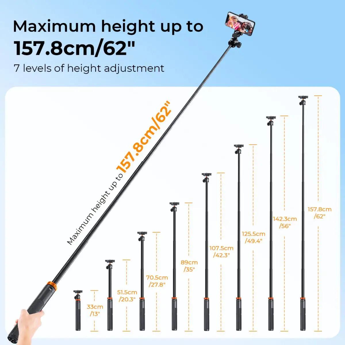 K&F CONCEPT MS08 Trépied pour téléphone portable 62''/1,58 m, bâton à selfie noir et orange avec tél