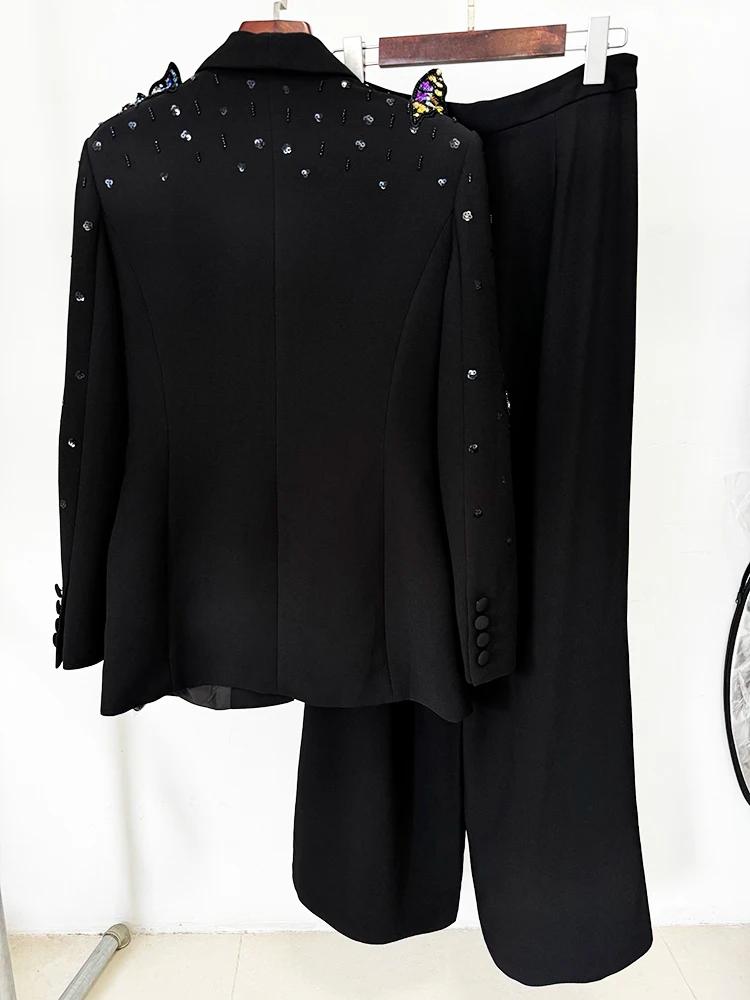 Blazer perlé papillon 3D pour femme, ensemble pantalon large, nouvelle mode, designer, piste trempée