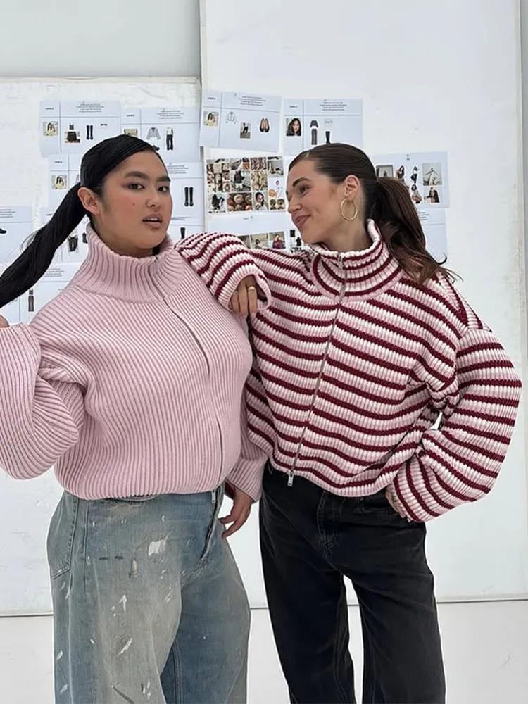 Cardigan décontracté en maille rayée pour femme, avec double fermeture éclair, manches longues, col 