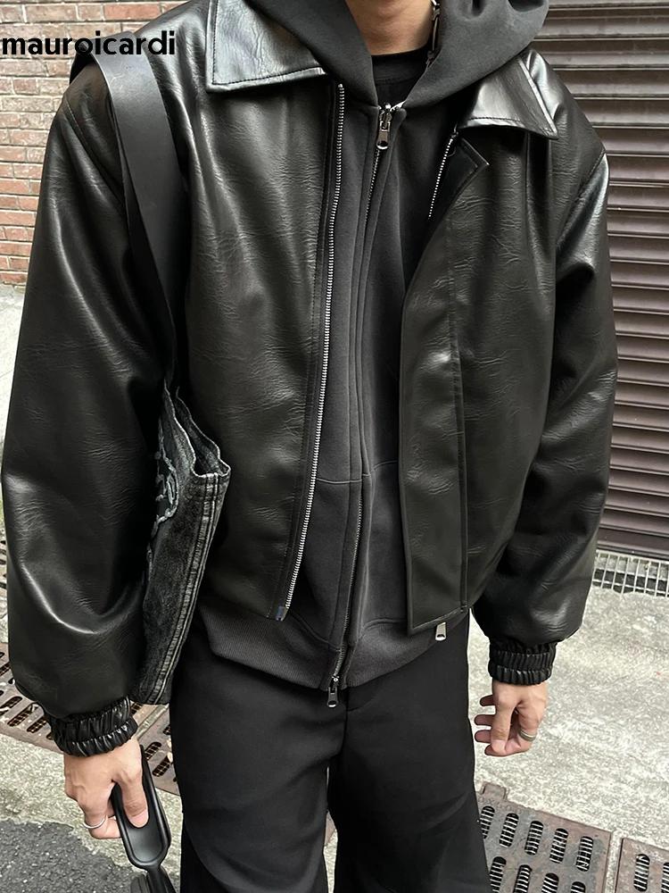 Mauroicardi printemps automne Cool surdimensionné court noir doux Pu veste en cuir hommes fermeture 