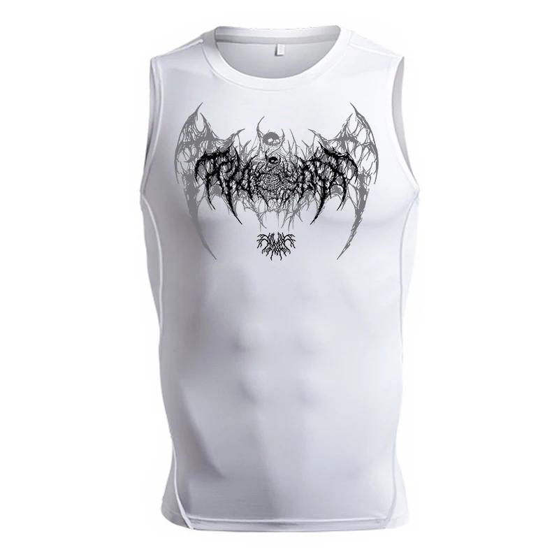 Chemise de compression sans manches imprimée ailes de crâne pour hommes débardeurs athlétiques à séc