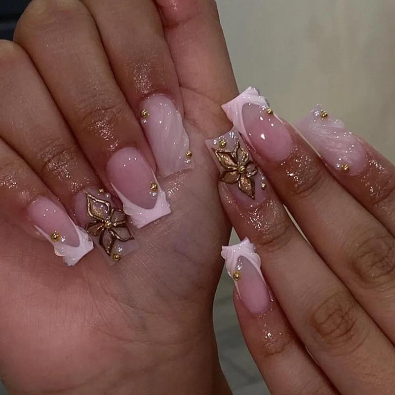 24 pièces Simple français presse sur faux ongles court carré presse sur ongles fleur strass faux ong