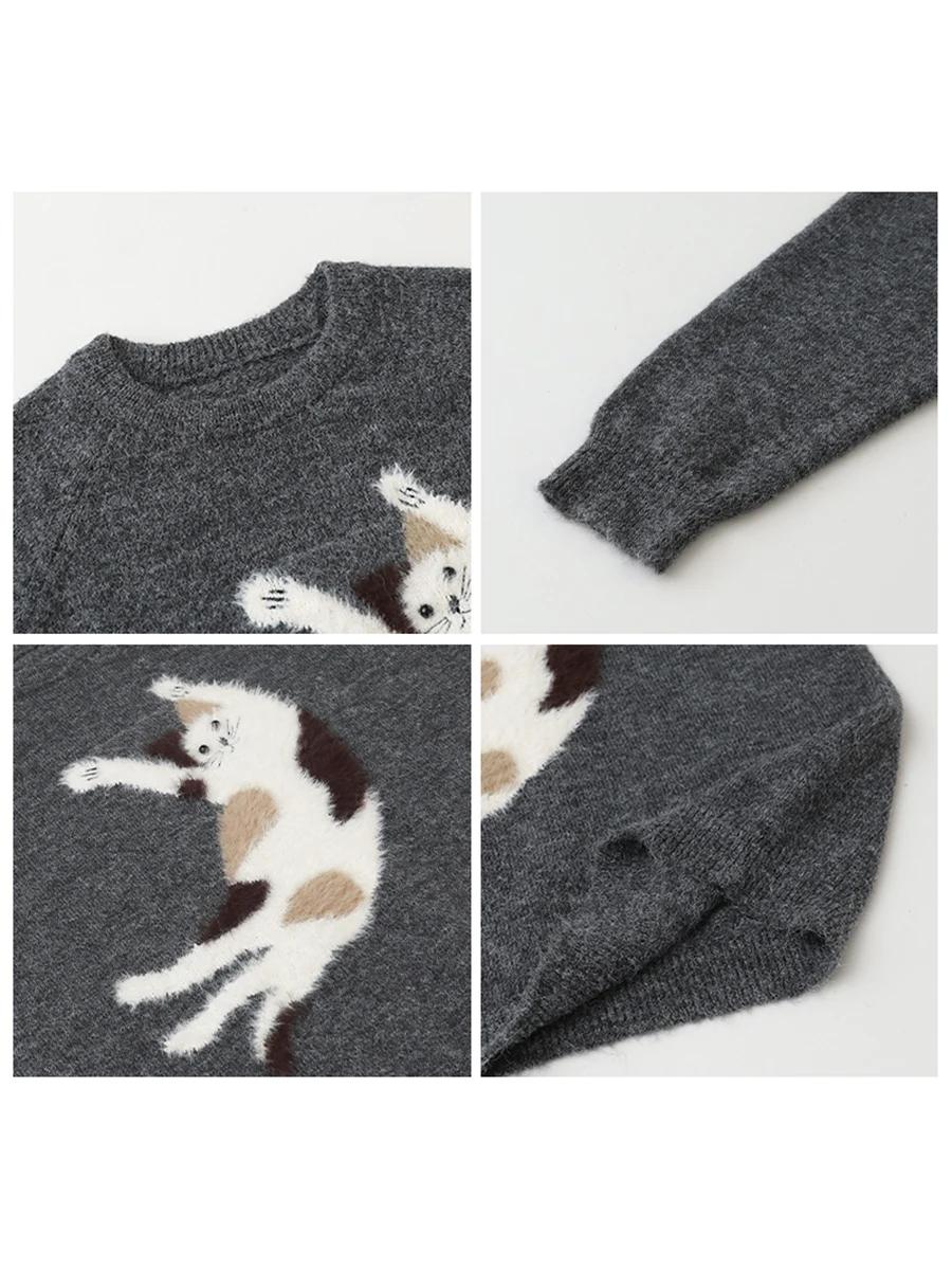 CHIC VEN femmes chandails ample décontracté O cou tricoté dessin animé chat chaud tricot pull femme 