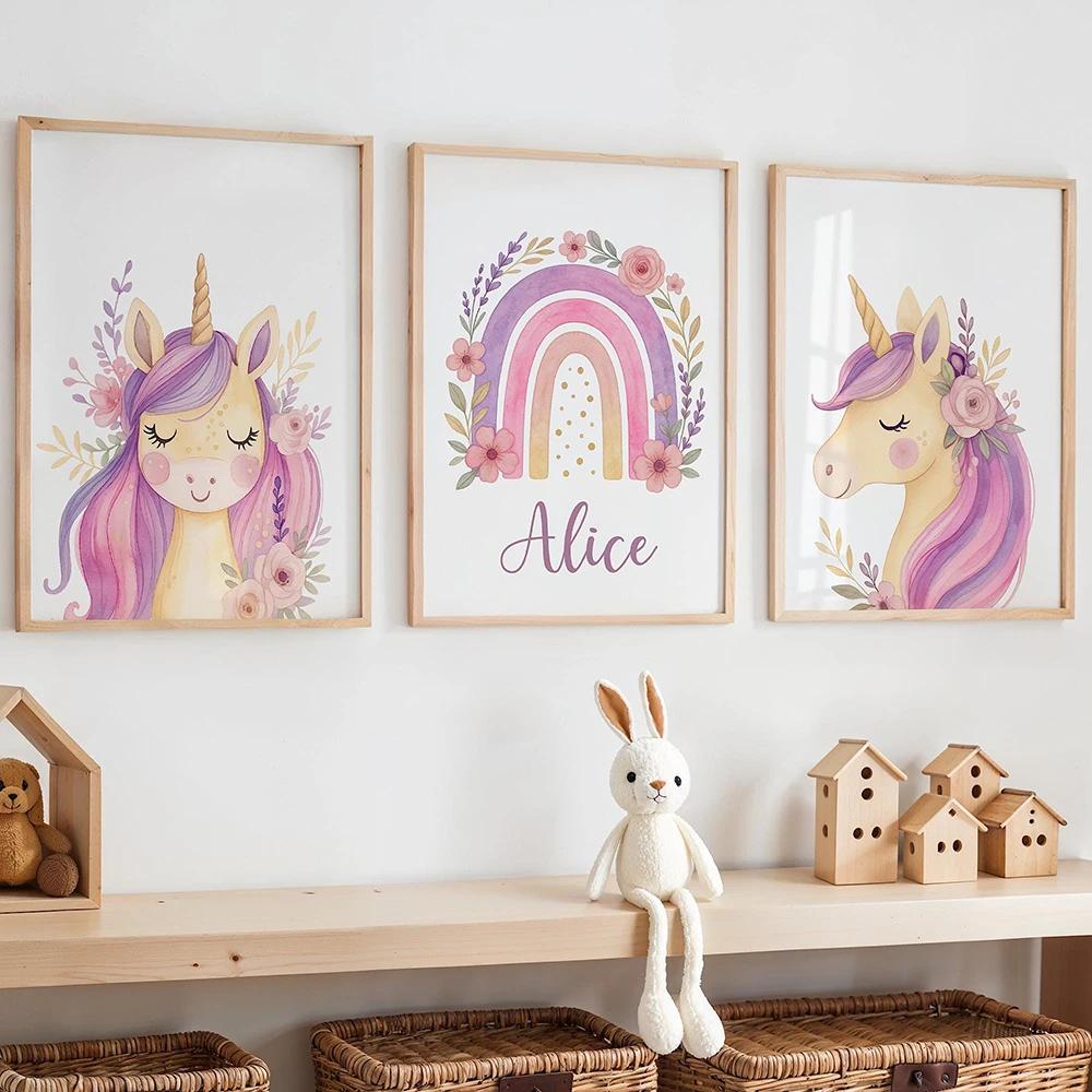 Affiche imprimée licorne violette avec nom personnalisé, décor mural pour chambre de fille, décor im