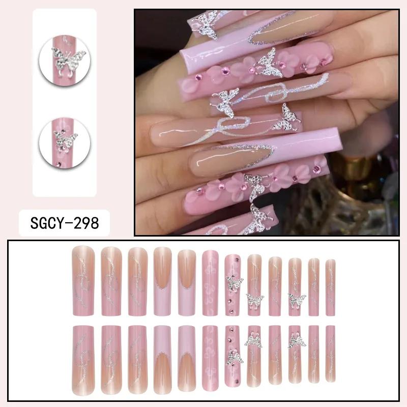 24 pièces de faux ongles Ultra longs en forme de cercueil, à pression, motif français, dégradé et fl
